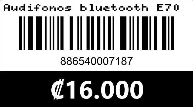 Código de barras de Audifonos bluetooth E70 negro. Argom Tech