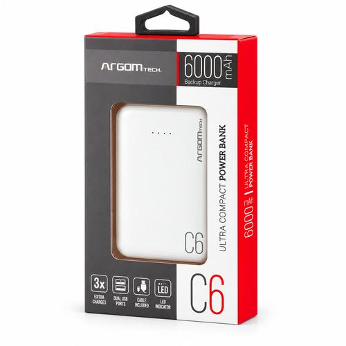 Power Bank Argom C6 Blanco. 6000mAh